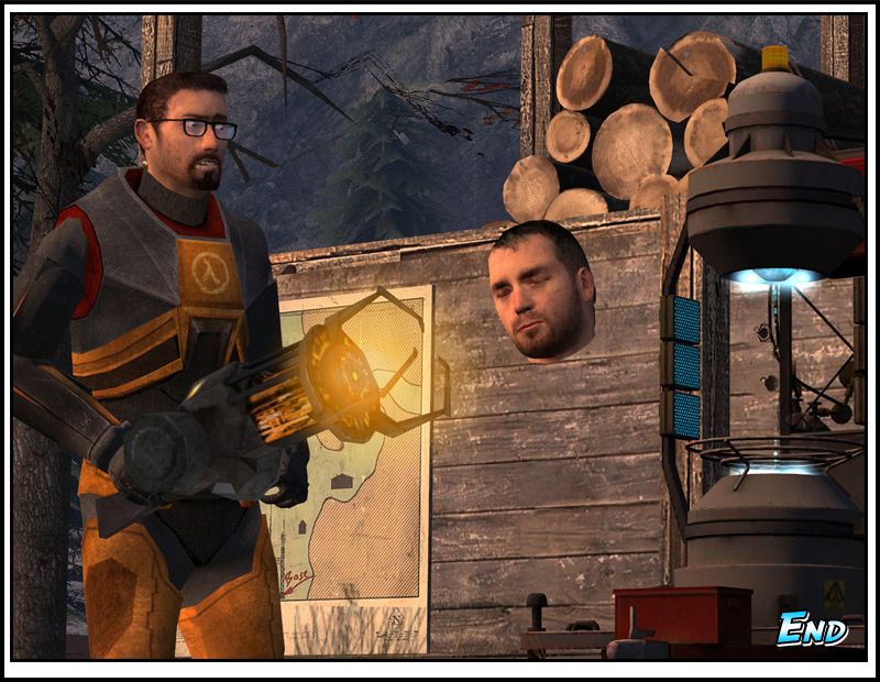 Gordon Freeman looks down in horror and disgust at the severed head of the refugee being held by his Gravity Gun. The end.