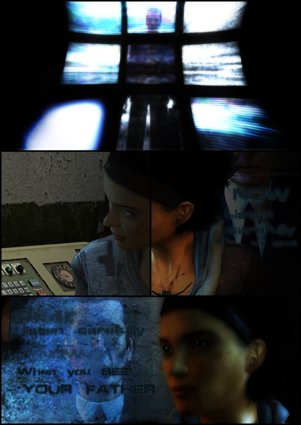 The silhouette of the G-Man can be seen on the screen. Alyx stares at it as a ghostly figure of the G-Man appears behind her and tells her to listen carefully. Alyx's face goes expressionless as the spectral G-Man tells her what to do when she sees her father.