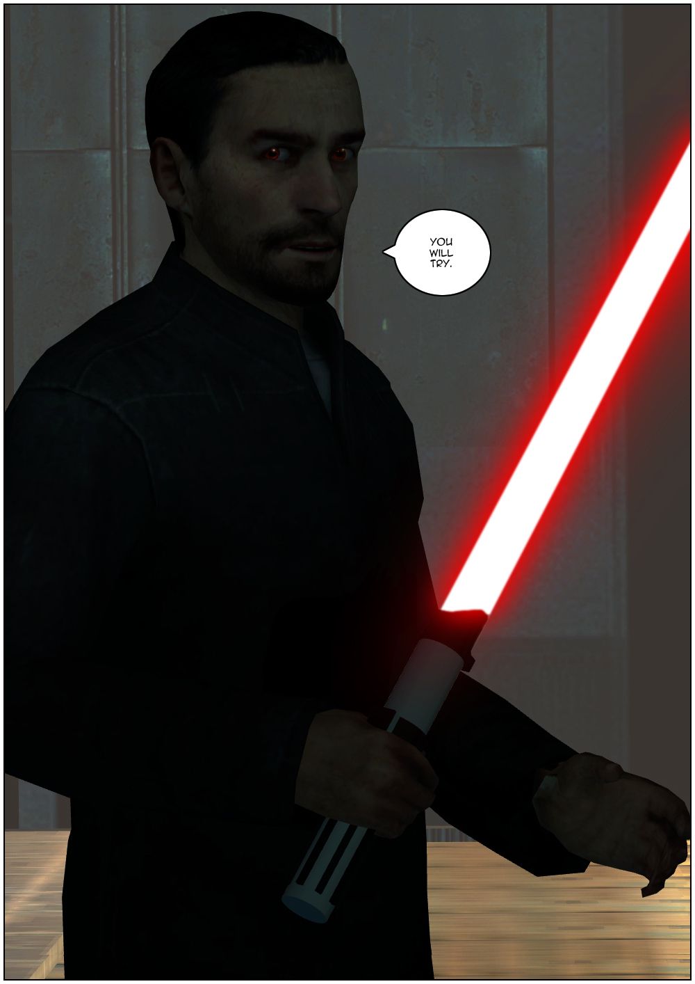 Mythos turns on his own lightsaber, which has a red blade, and turns around, revealing red eyes. He retorts that Delirium will try.