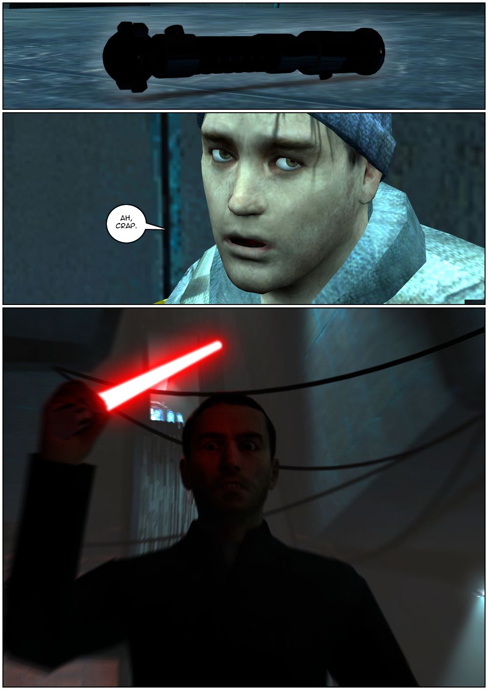 The lightsaber gains a faint glow as Delirium tries to pull it with the Force. Delirium then looks to the side and says ah, crap. Mythos jumps at him with his red lightsaber raised, prepared to strike.