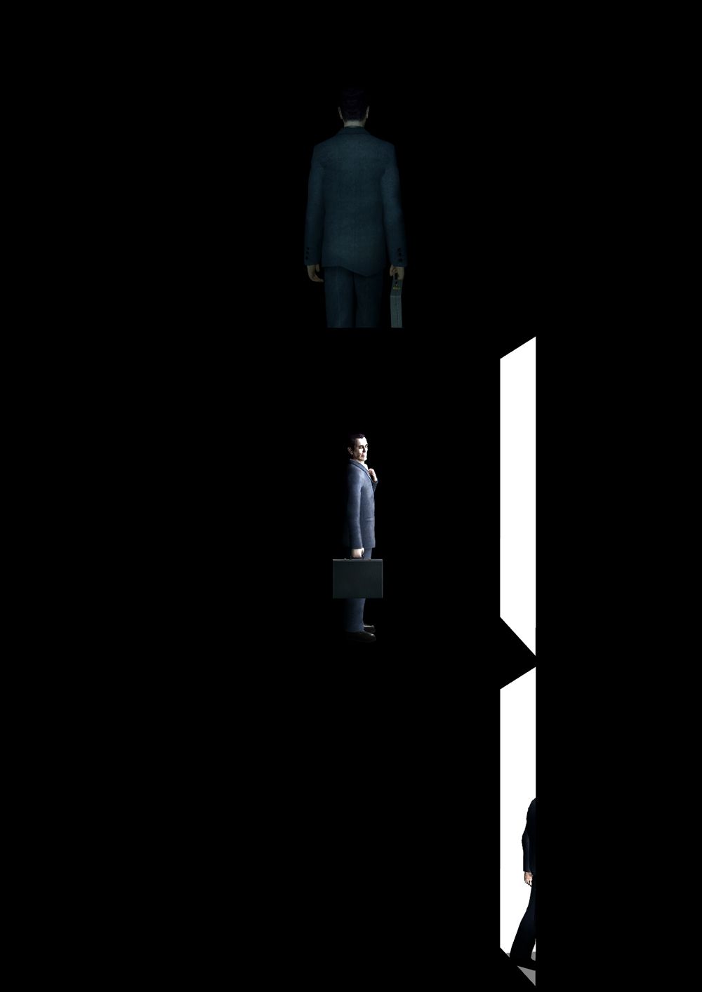 The G-Man turns to leave and walks away a few steps, then turns to the right. A white door appears out of nowhere. The G-Man fixes his tie once as he stares back at Alyx, then walks through the door.