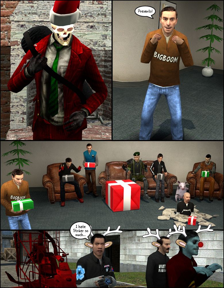 Jolly B. Jones climbs down the chimney dressed in Santa-like clothing. BigBoom exclaims presents. Everyone gets a present. Outside, Nexus, playing a reindeer alongside Gogi, complains he hates Striker so much.