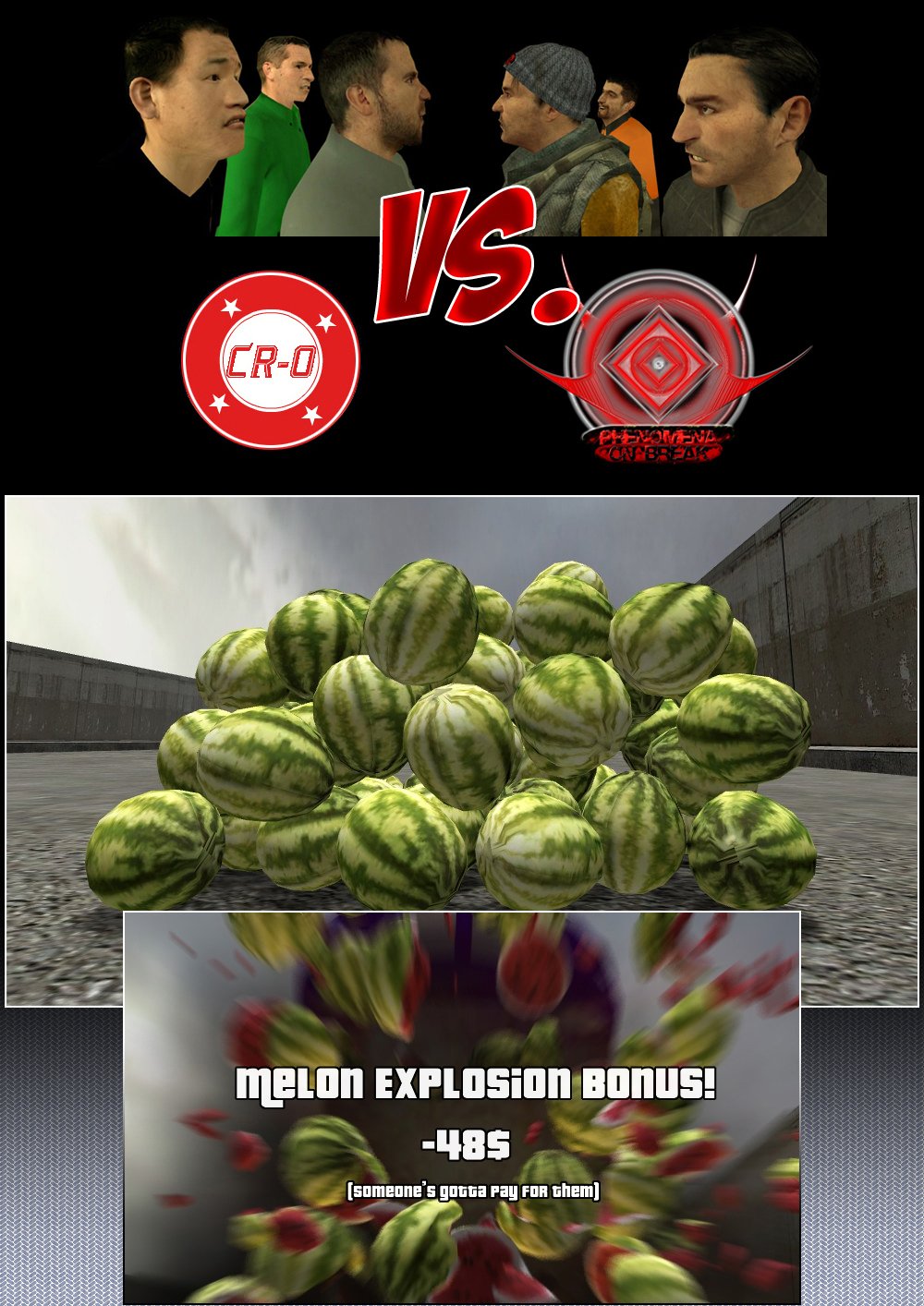 A bunch of melons are lying on the highway for some reason. Suddenly, a car runs into them, destroying the melons, as a videogame-style message pops up declaring a melon explosion bonus of negative 48 dollars, because someone has to pay for them.