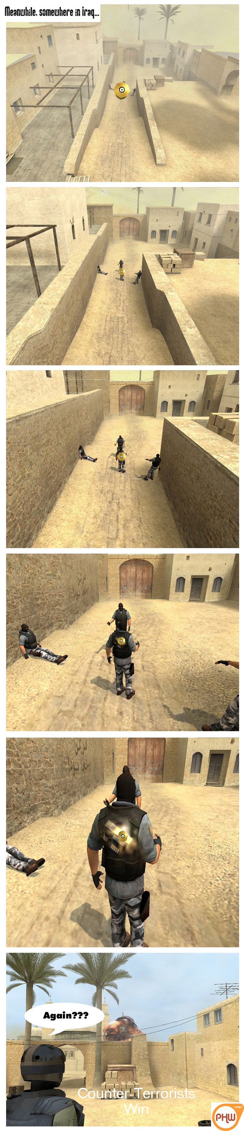 Meanwhile, somewhere in Iraq, Secret Agent Whiskey's misfired bullet is falling down towards the ground, directly at a terrorist who has a C4 bomb on his back. Suddenly, an explosion occur and a message appears saying that Counter-Terrorists win. Confused, a counter-terrorist asks again. The end.