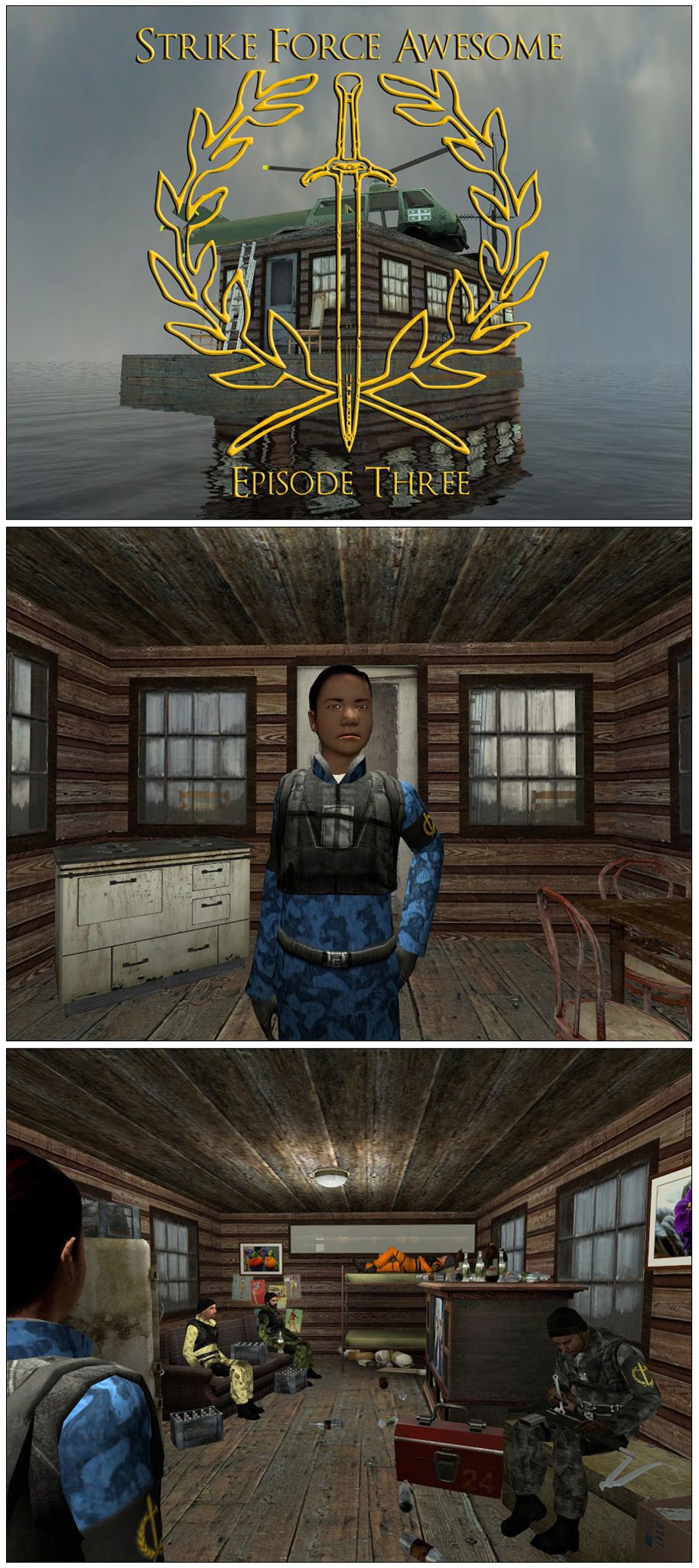 Inside the houseboat, Sergeant Nguyen stares at the rest of the team, sitting around the houseboat loafing. Colonel Lightfoot and the lieutenant are watching a movie on a large old TV. There's a bunch of trash sprewn across the floor.