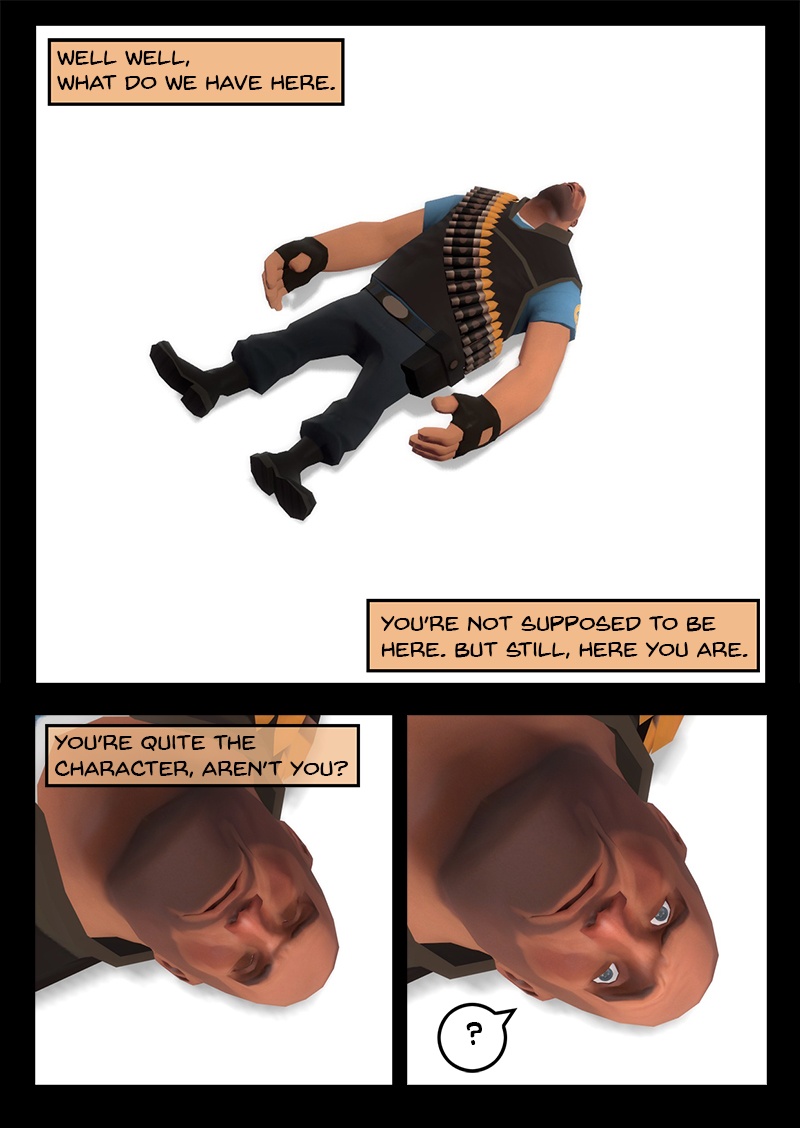 The Heavy from the blue team of Team Fortress 2 is laying on the ground unconscious in a white void. A voice-over talks to him, saying he's not supposed to be here and he's quite the character. The Heavy wakes up, confused.