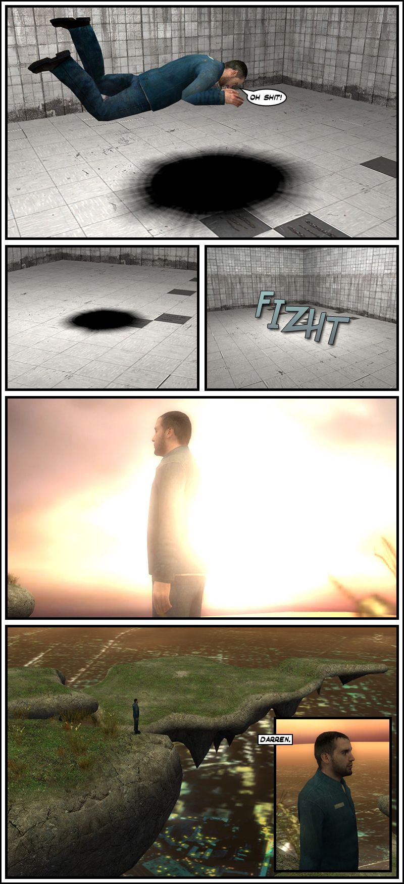 Suddenly, another black hole appears on the ground. Darren says oh, shit as he trips towards it. He falls through and it vanishes. Darren finds himself at the edge of an island of a floating archipelago in the air, far above a city. A voice calls out to Darren.